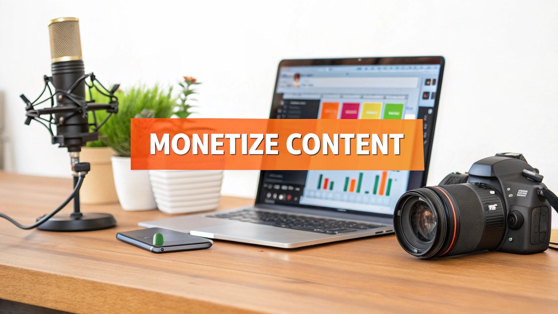 A content creator's desk with a microphone, laptop showing data, smartphone, camera, and a 'MONETIZE CONTENT' banner.