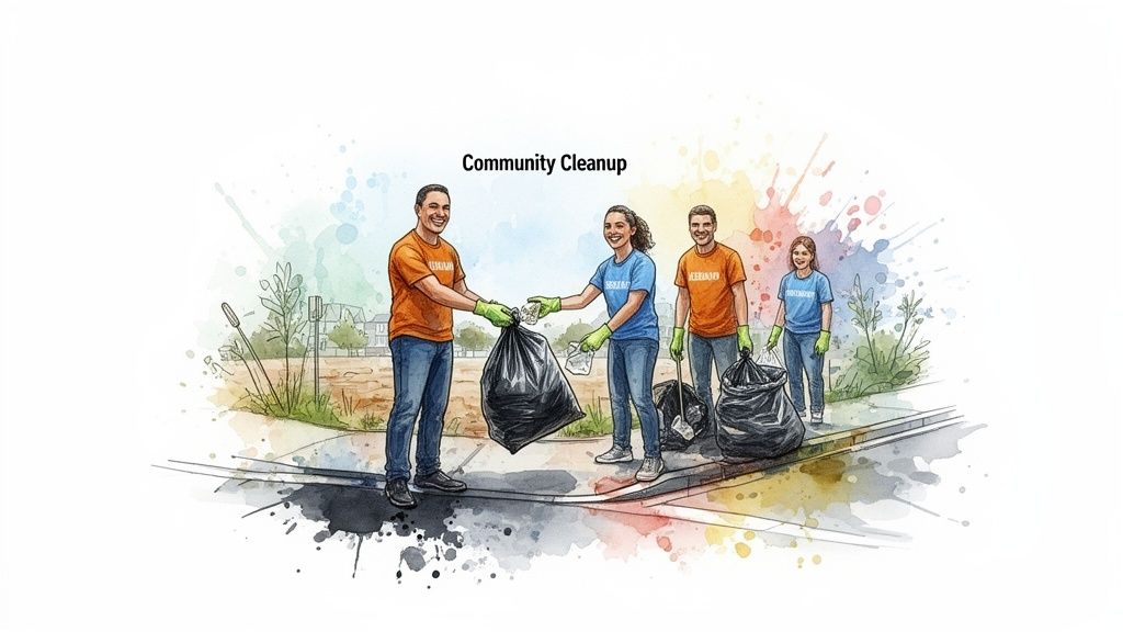 Illustrated volunteers in orange and blue shirts and gloves participate in a joyful community cleanup, collecting litter.