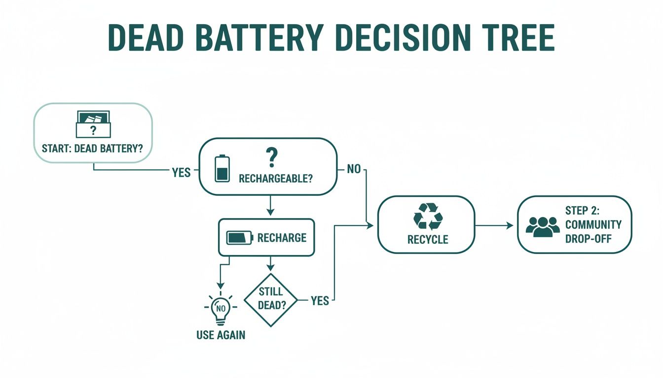 A decision tree flowchart for dead batteries, guiding users on whether to recharge, recycle, or drop off for disposal.