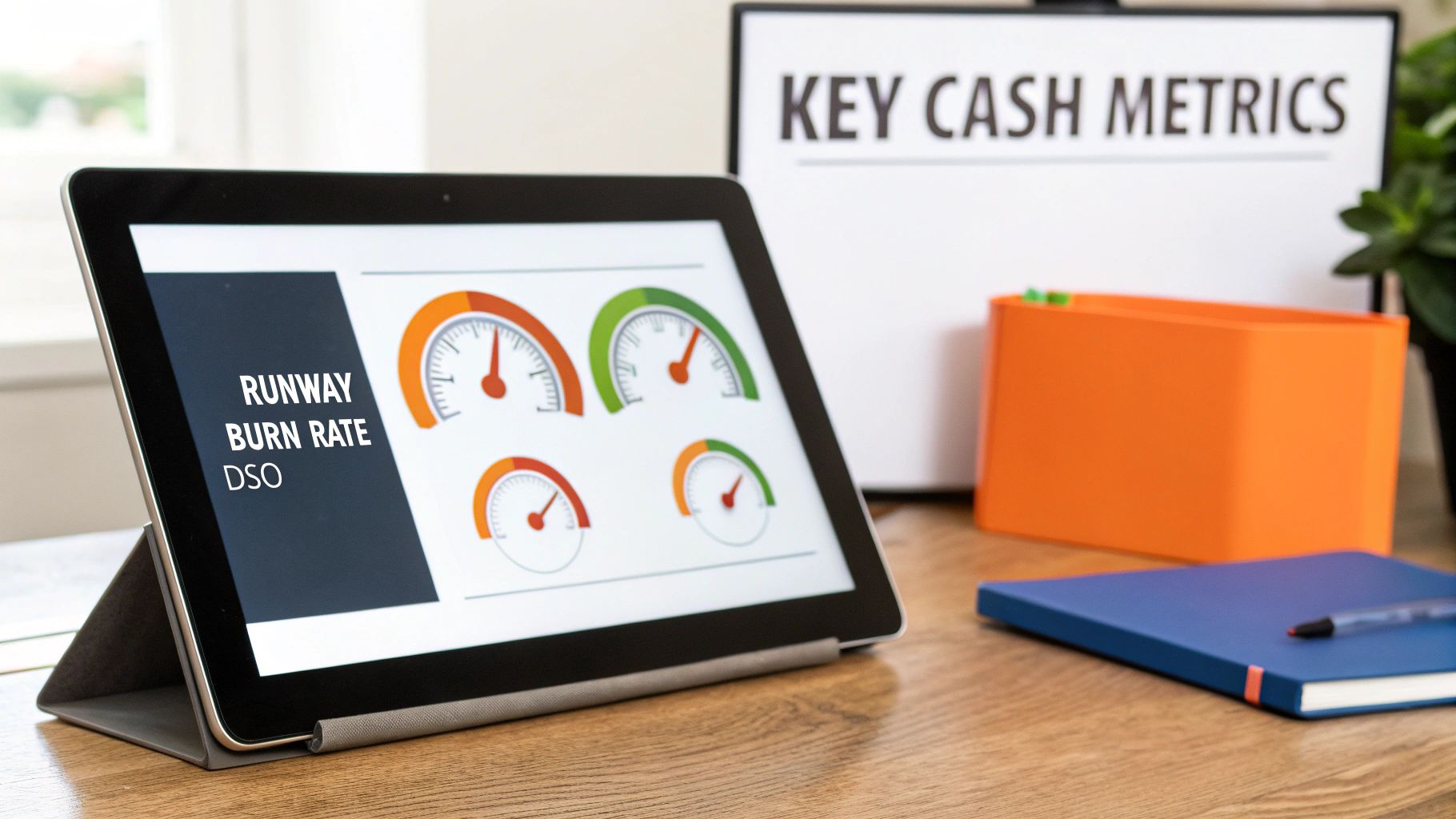 A tablet displays cash flow metrics like runway, burn rate, and DSO on a wooden desk.