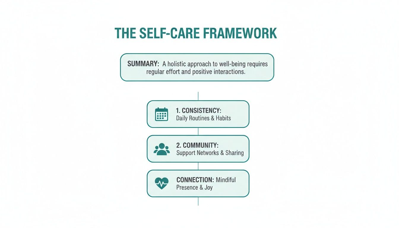 A self-care framework diagram detailing summary, consistency, community, and connection for well-being.