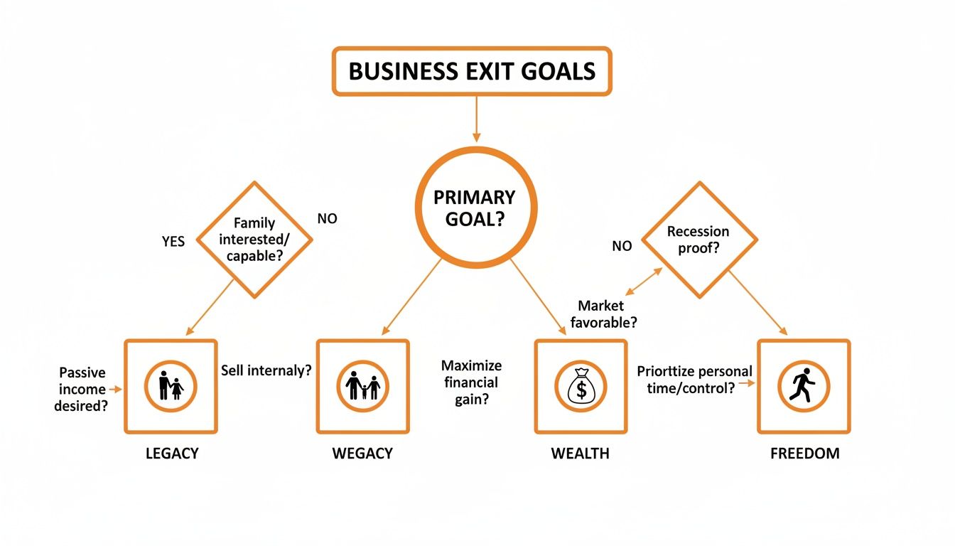 Flowchart illustrating business exit goals, leading to options like legacy, wegacy, wealth, or freedom.