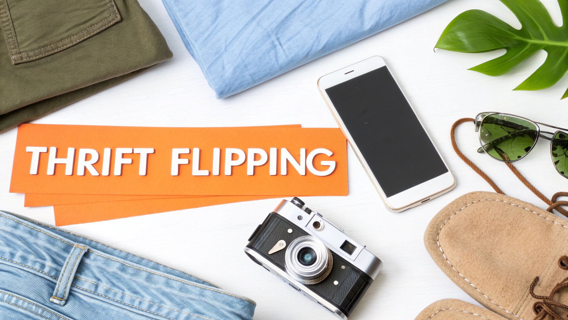 A flat lay featuring various items and a sign that reads 'THRIFT FLIPPING,' along with clothing, a phone, camera, sunglasses, and shoes.