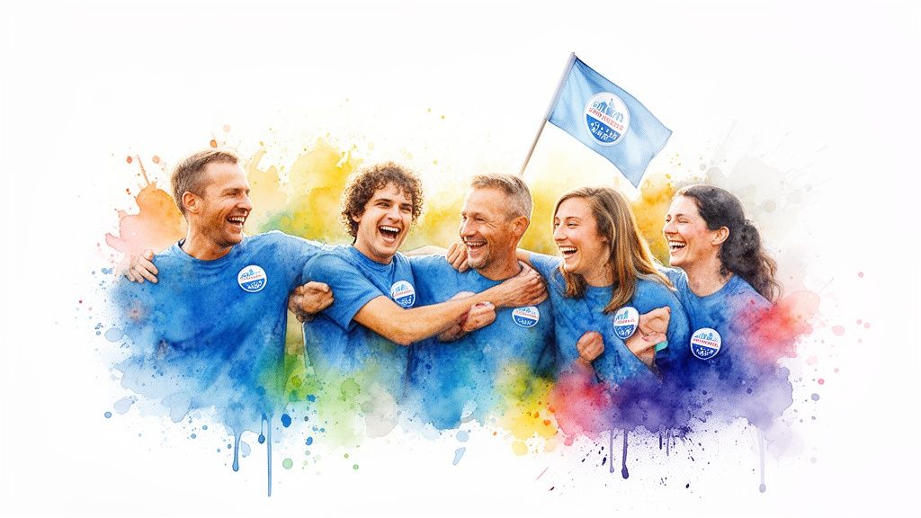 Five diverse, joyful volunteers in blue shirts embracing, with colorful watercolor art splashes.
