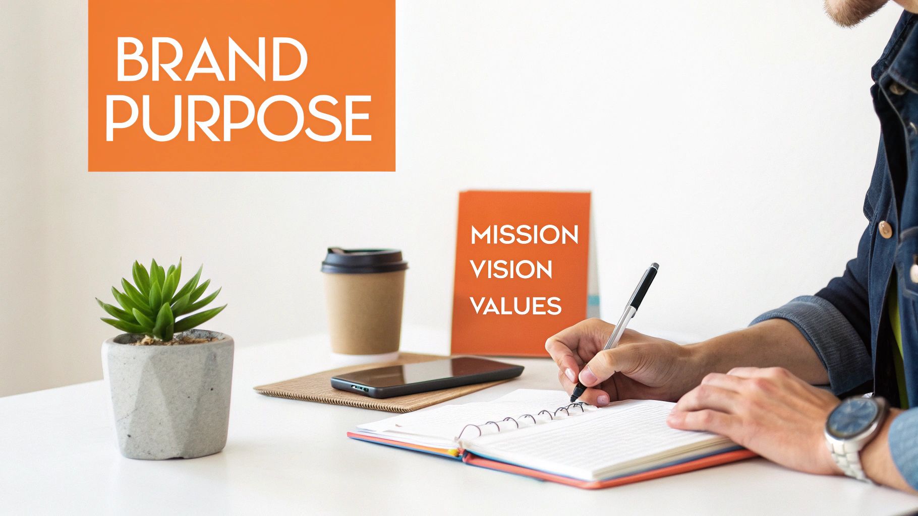 A person writing notes about brand purpose, mission, vision, and values on a desk with a plant and coffee.
