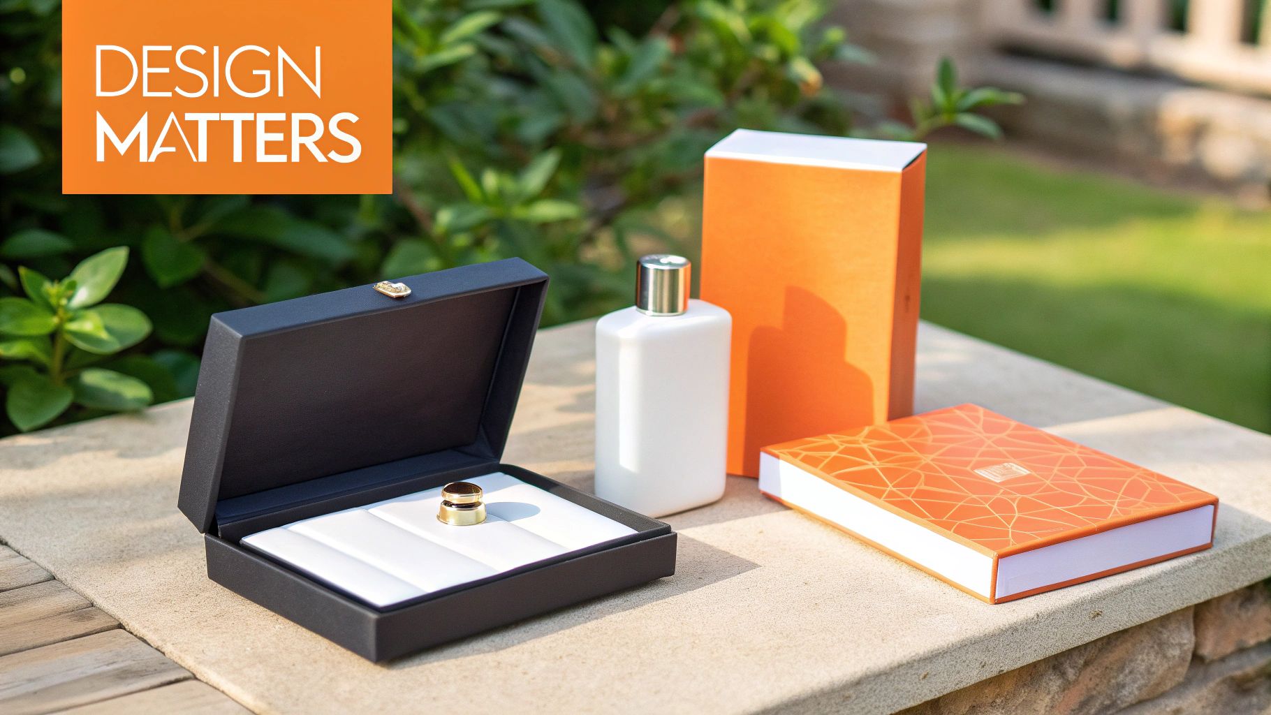 A gold ring in a black box, a white bottle, and orange patterned boxes on a stone ledge, emphasizing product design.