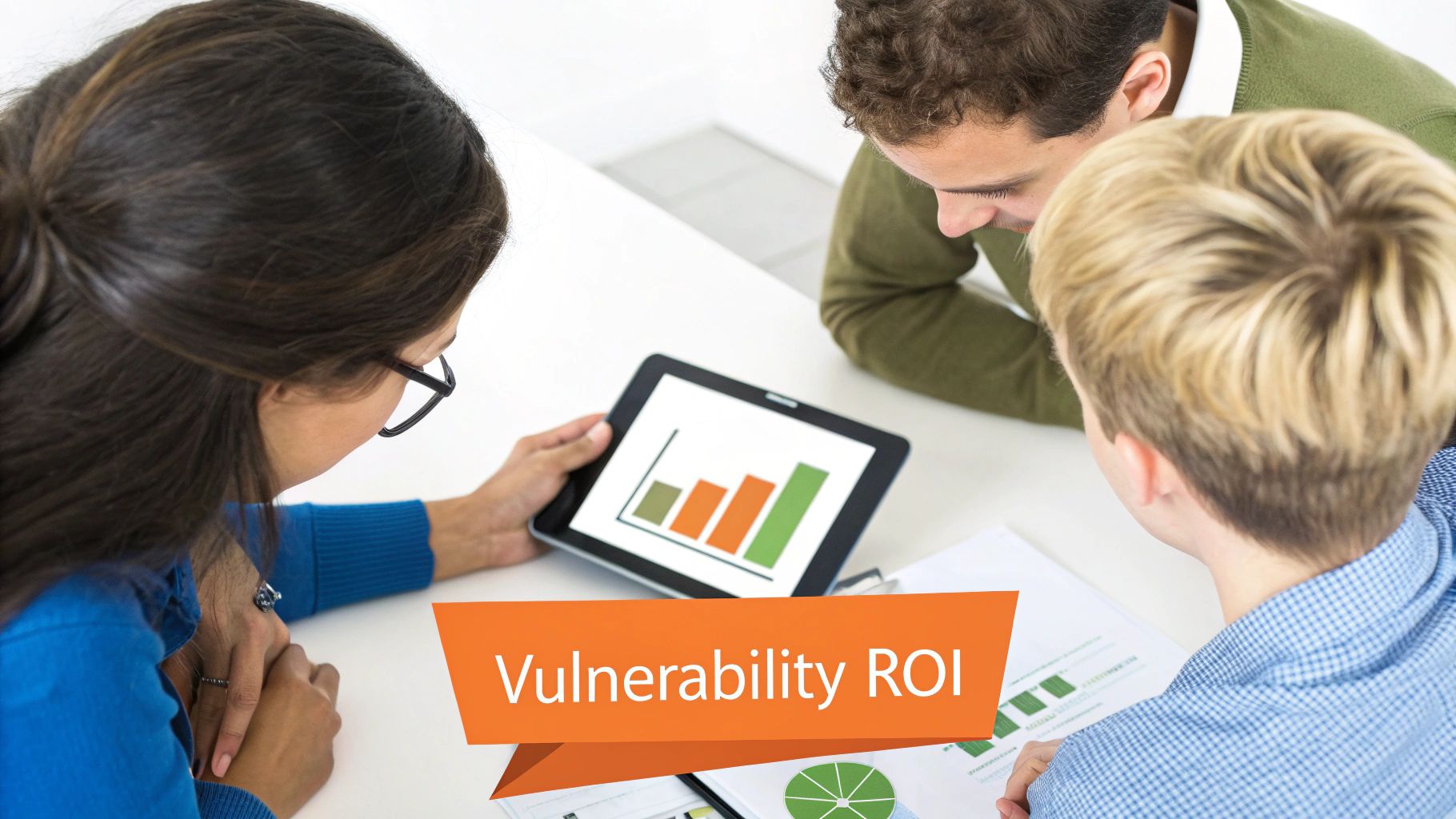 Three business professionals analyzing a bar chart on a tablet and documents, discussing 'Vulnerability ROI'.