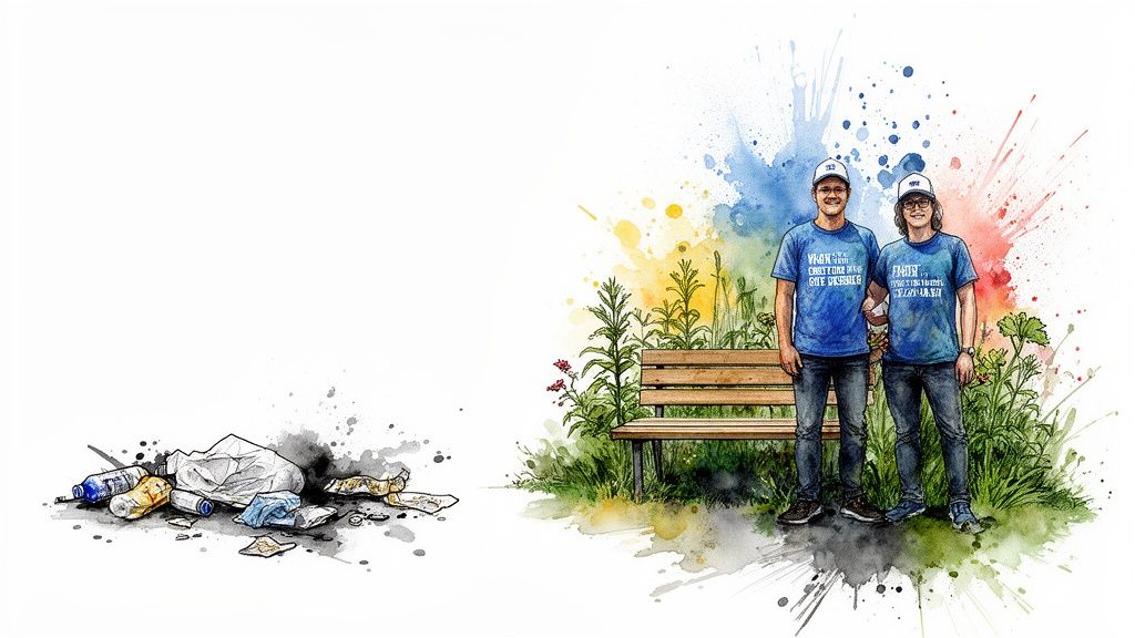 Two smiling people stand in a vibrant park with a bench, contrasting with a pile of litter.
