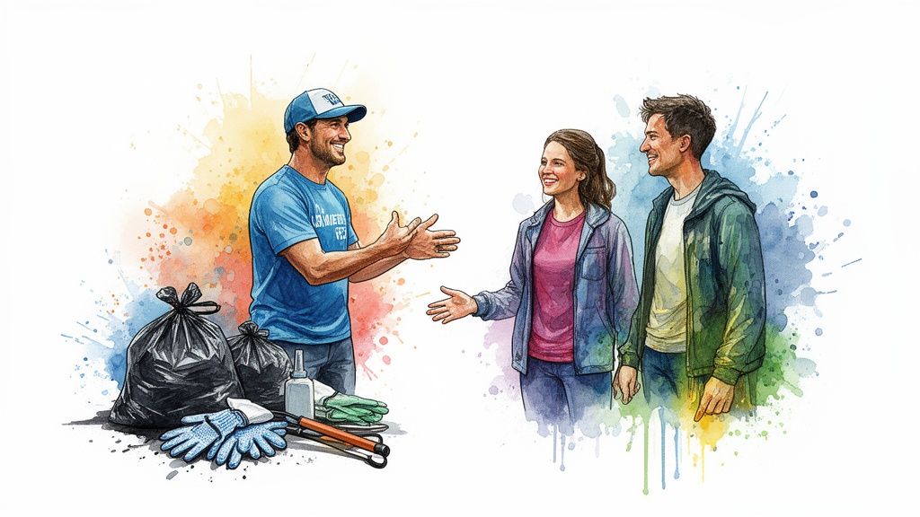 Watercolor illustration of smiling volunteers with cleaning supplies, ready for an environmental clean-up.