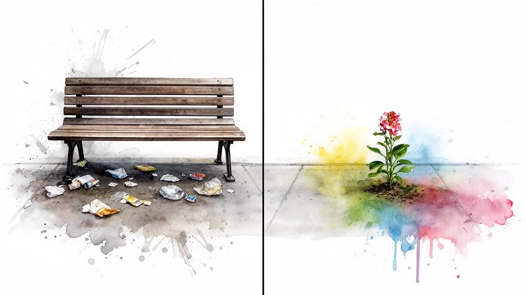 Contrasting watercolor artwork: a messy bench with trash versus a bright flower with colorful splashes.
