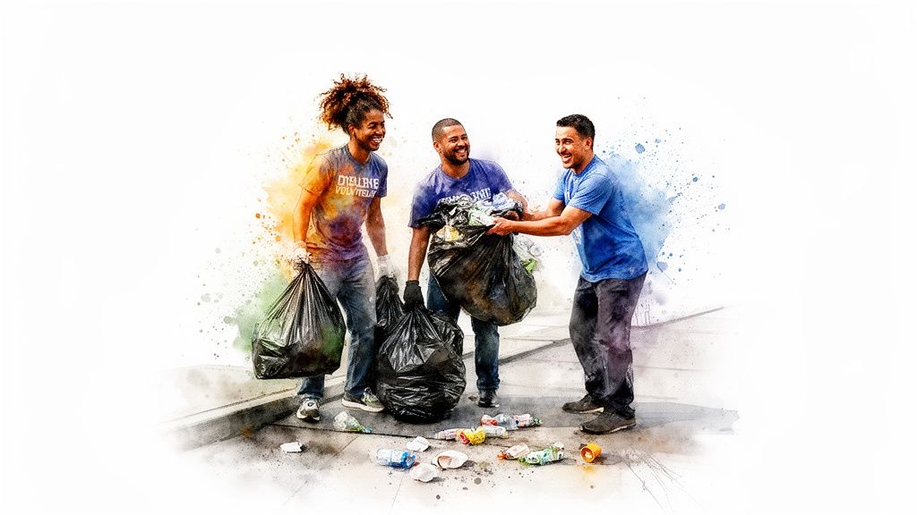 Three diverse volunteers smiling and happily picking up trash, putting it into black garbage bags.