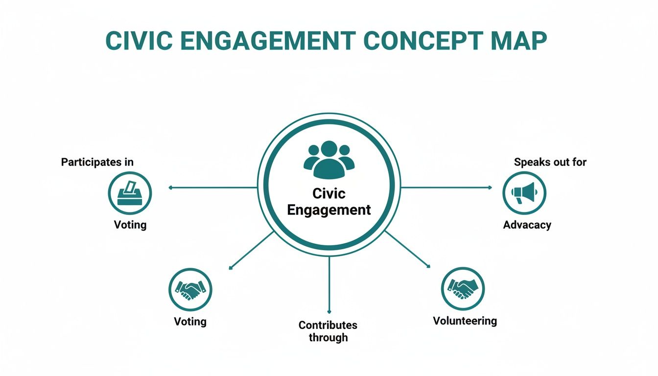 A concept map illustrating civic engagement, showing voting, advocacy, and volunteering activities.