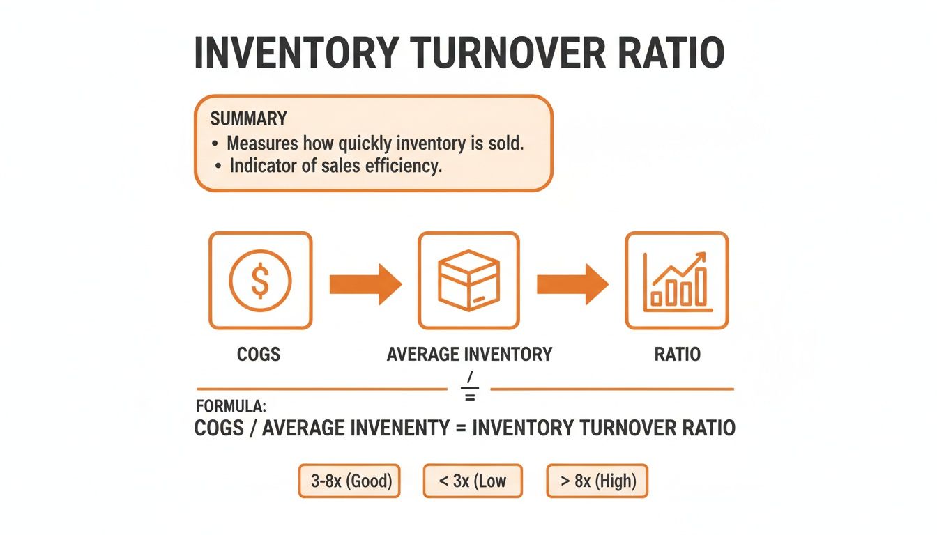 A detailed diagram explains the Inventory Turnover Ratio, its formula (COGS/Average Inventory), summary, and performance analysis.