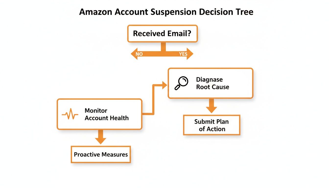 A flowchart showing the Amazon Account Suspension Decision Tree process, outlining steps for 'yes' or 'no' email received.