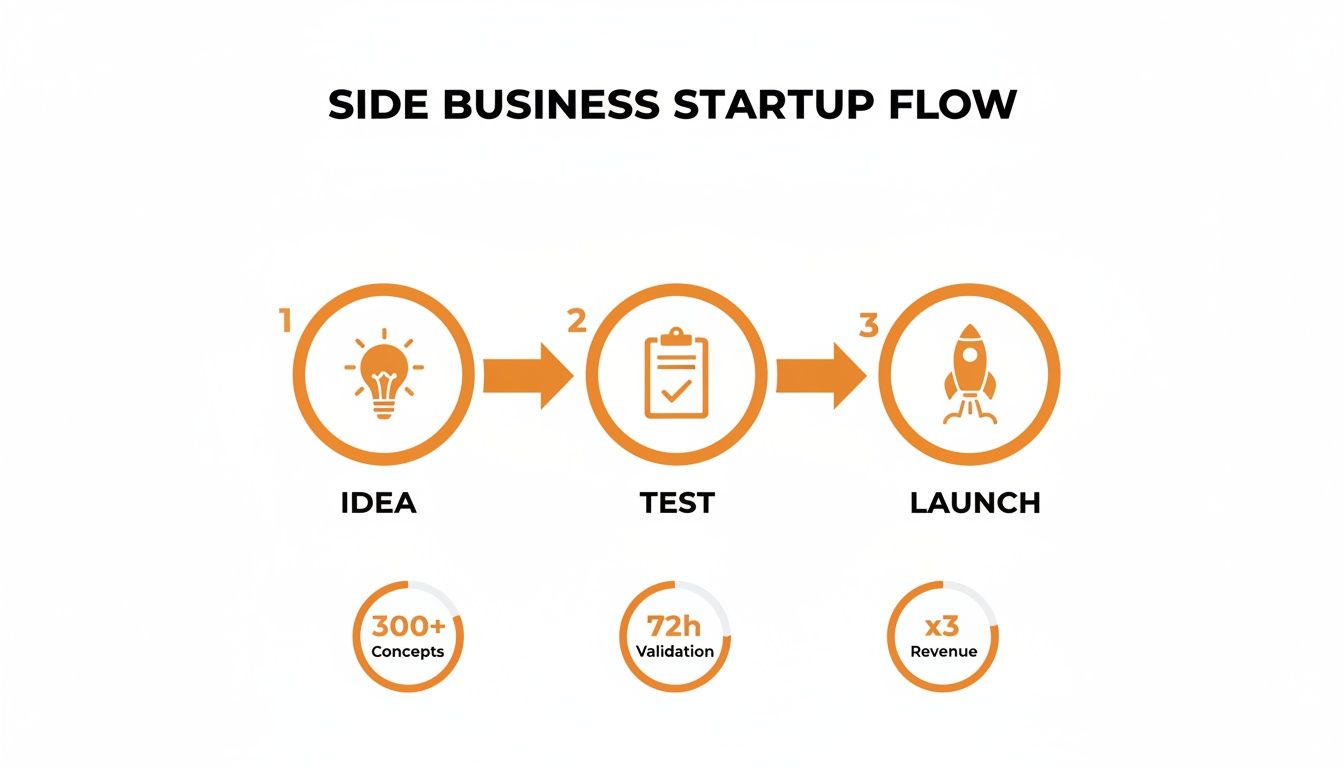 An infographic showing the side business startup flow, detailing steps like Idea, Test, and Launch with associated metrics.