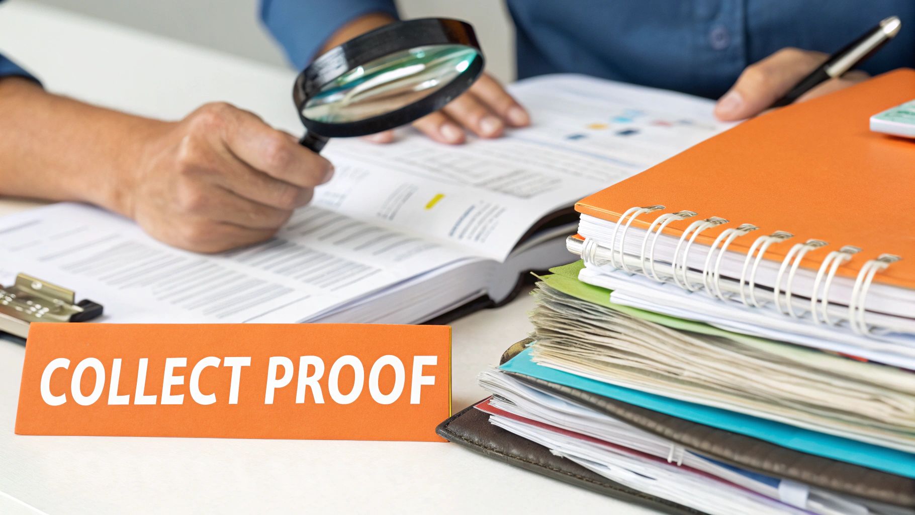 A person diligently examines documents with a magnifying glass, beside a "COLLECT PROOF" sign and stacked files.