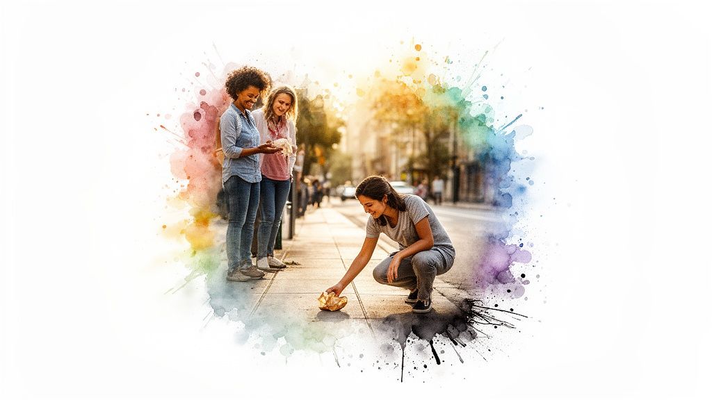 Three diverse women interact on a city sidewalk, one tending to an object on the ground.