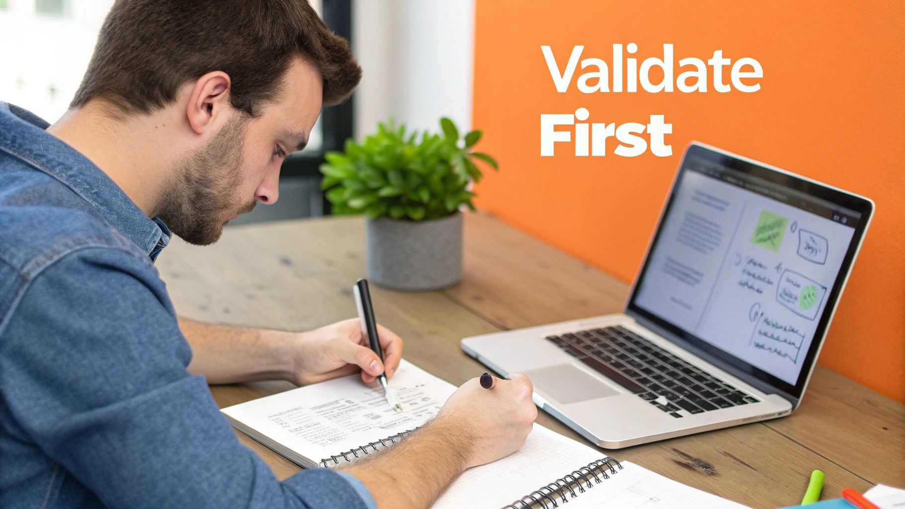 A man in a denim shirt writes in a notebook at a desk, next to a laptop displaying diagrams. An orange wall says "Validate First".