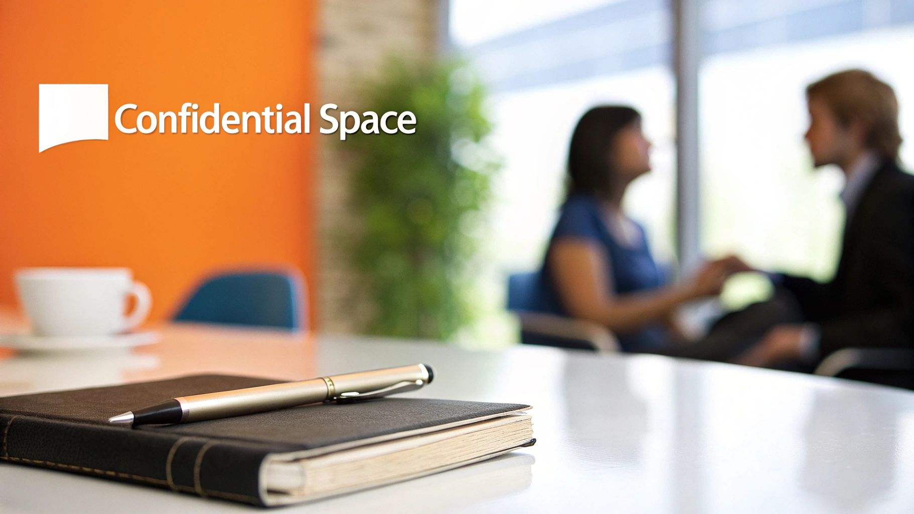 Notebook and pen on a table in a meeting room, with blurred people in the background.