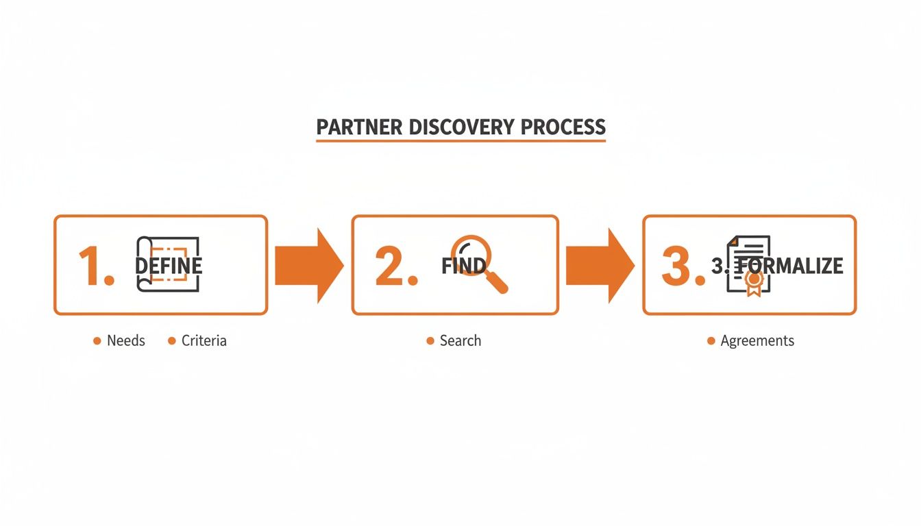 An infographic showing a three-step Partner Discovery Process: Define, Find, and Formalize for business partnerships.