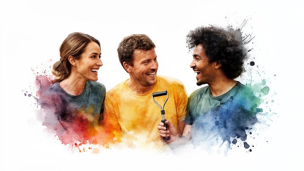 Three diverse, happy people laughing together, with vibrant watercolor splashes around them.