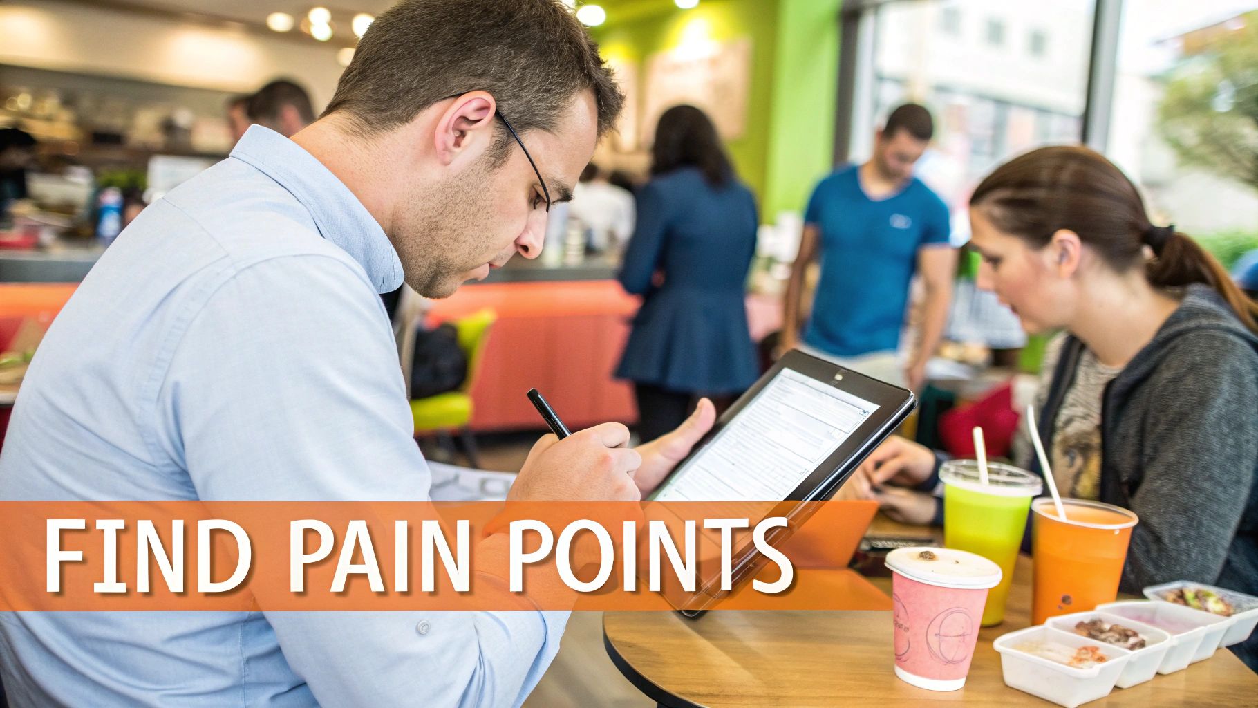 A man in a light blue shirt reviews content on a tablet to find pain points in a busy cafe.