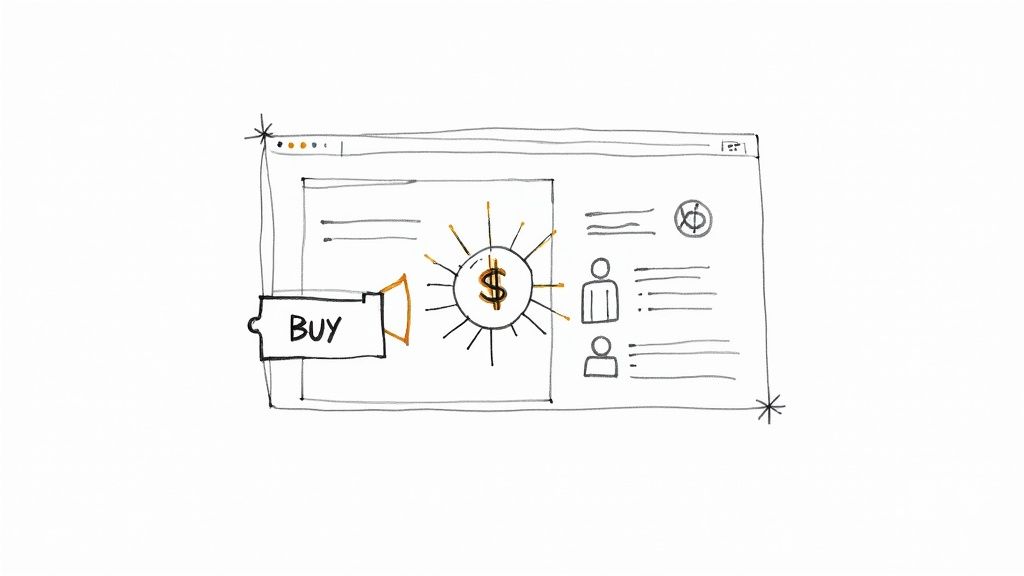 Sketch of a web browser showing a 'BUY' button and a glowing dollar sign, representing an online purchase.