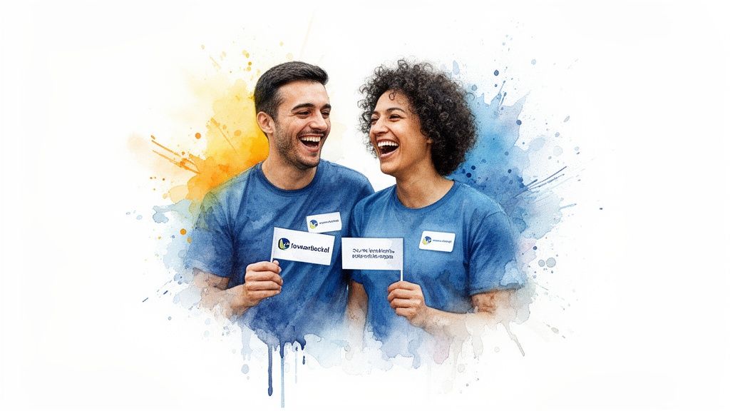 Two diverse young adults laughing, holding flags, against a vibrant watercolor splash background.