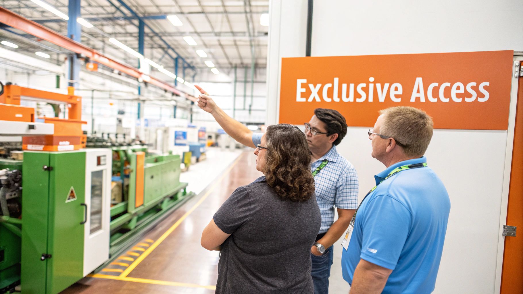 Three people, two men and one woman, discuss machinery in a bright factory building with a sign.
