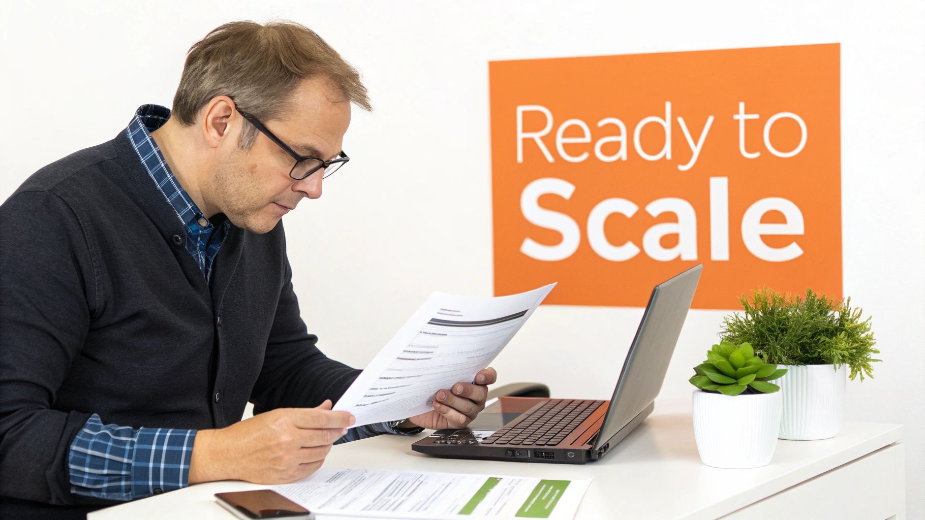 A man in glasses reviews documents at a desk with a laptop, next to a 'Ready to Scale' sign.