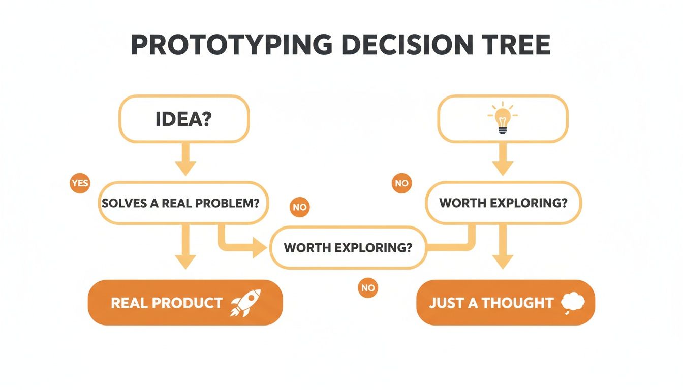 Flowchart illustrating a prototyping decision tree, guiding ideas to real products or mere thoughts.