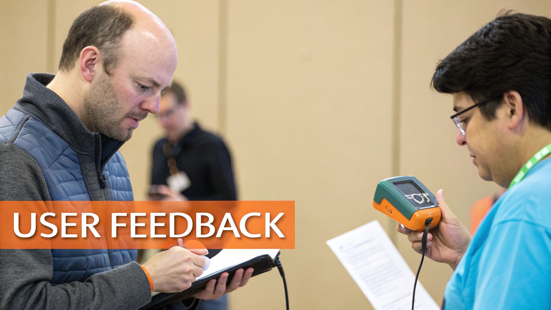 Two men are engaged in user feedback, one using a tablet and the other an electronic device.