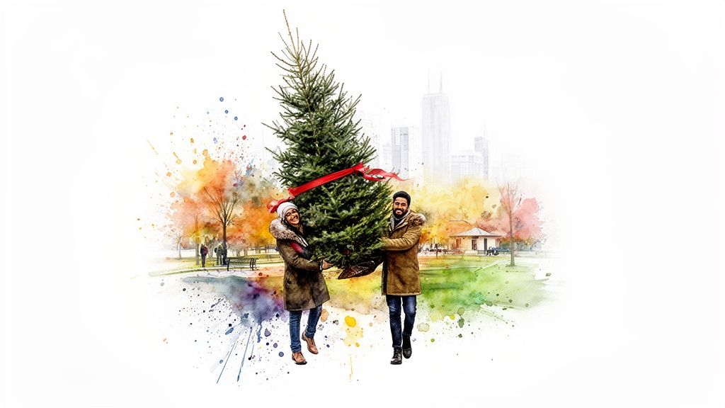 A happy couple carries a Christmas tree with a red ribbon through a watercolor-style city park.