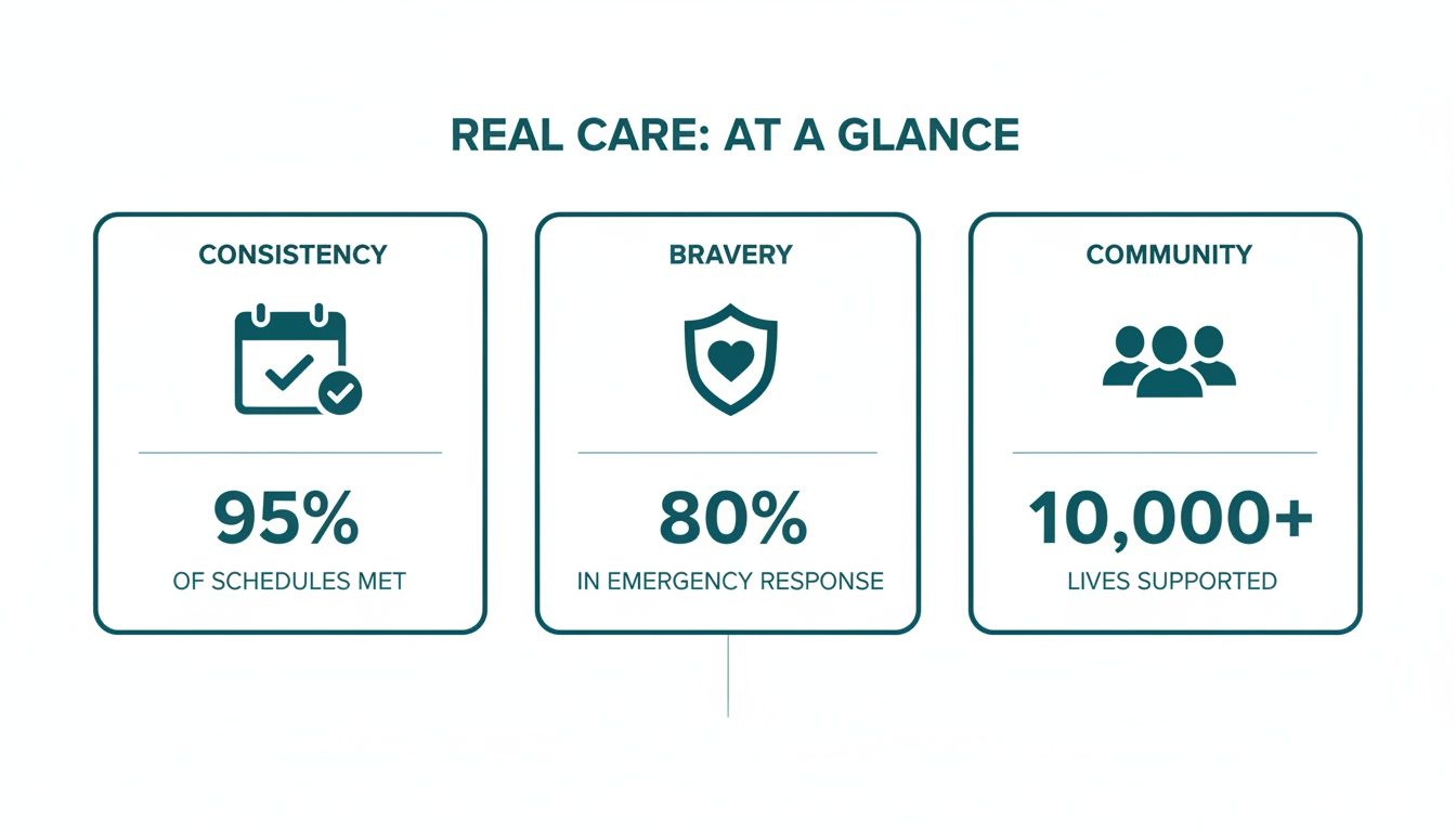 Infographic showing real care metrics: 95% consistency, 80% emergency response, and 10,000+ lives supported.