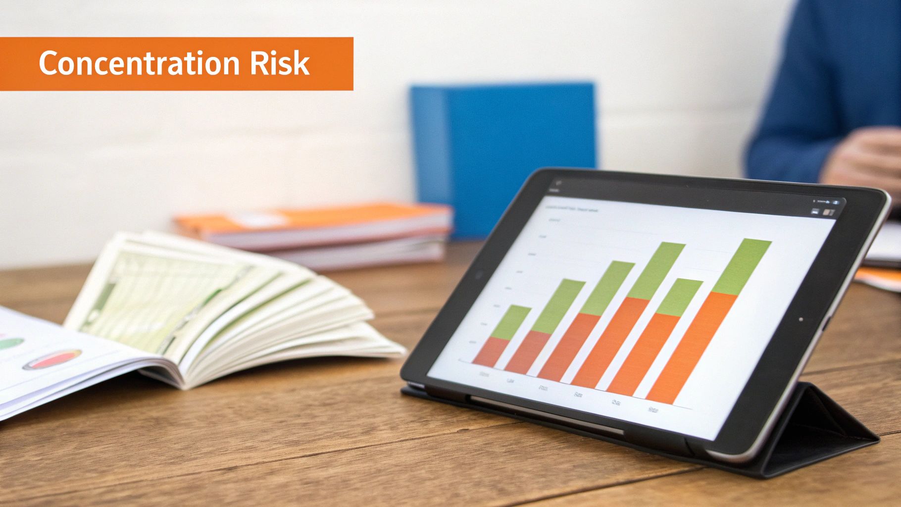 A tablet on a wooden desk displays a bar chart about Concentration Risk, with financial documents.
