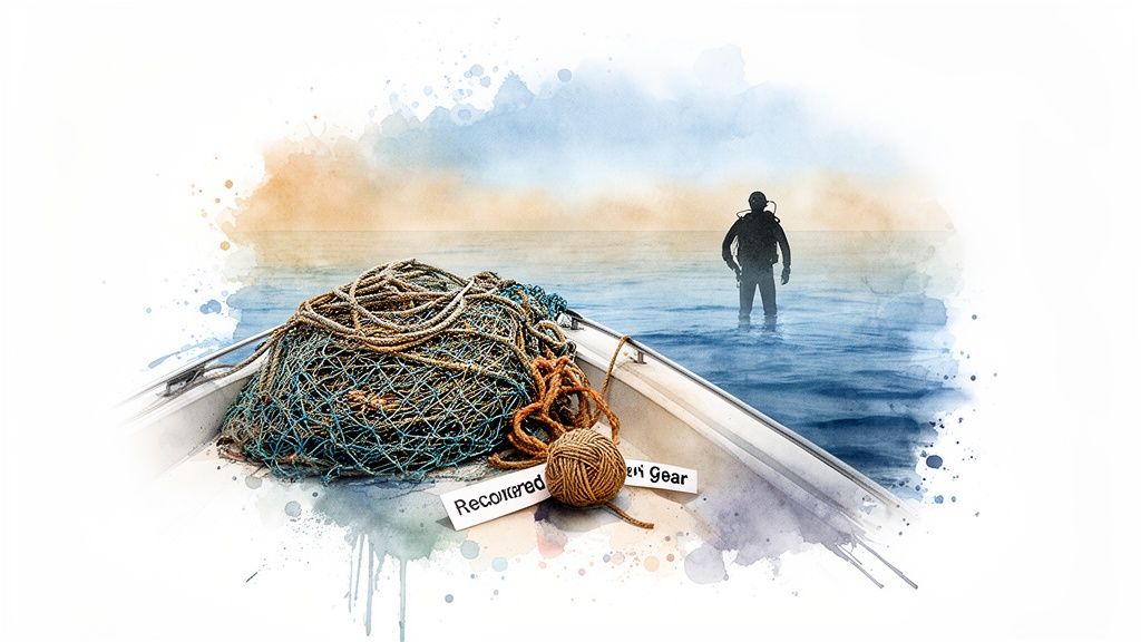 A watercolor image depicting a boat with recovered fishing gear and a diver in the ocean.