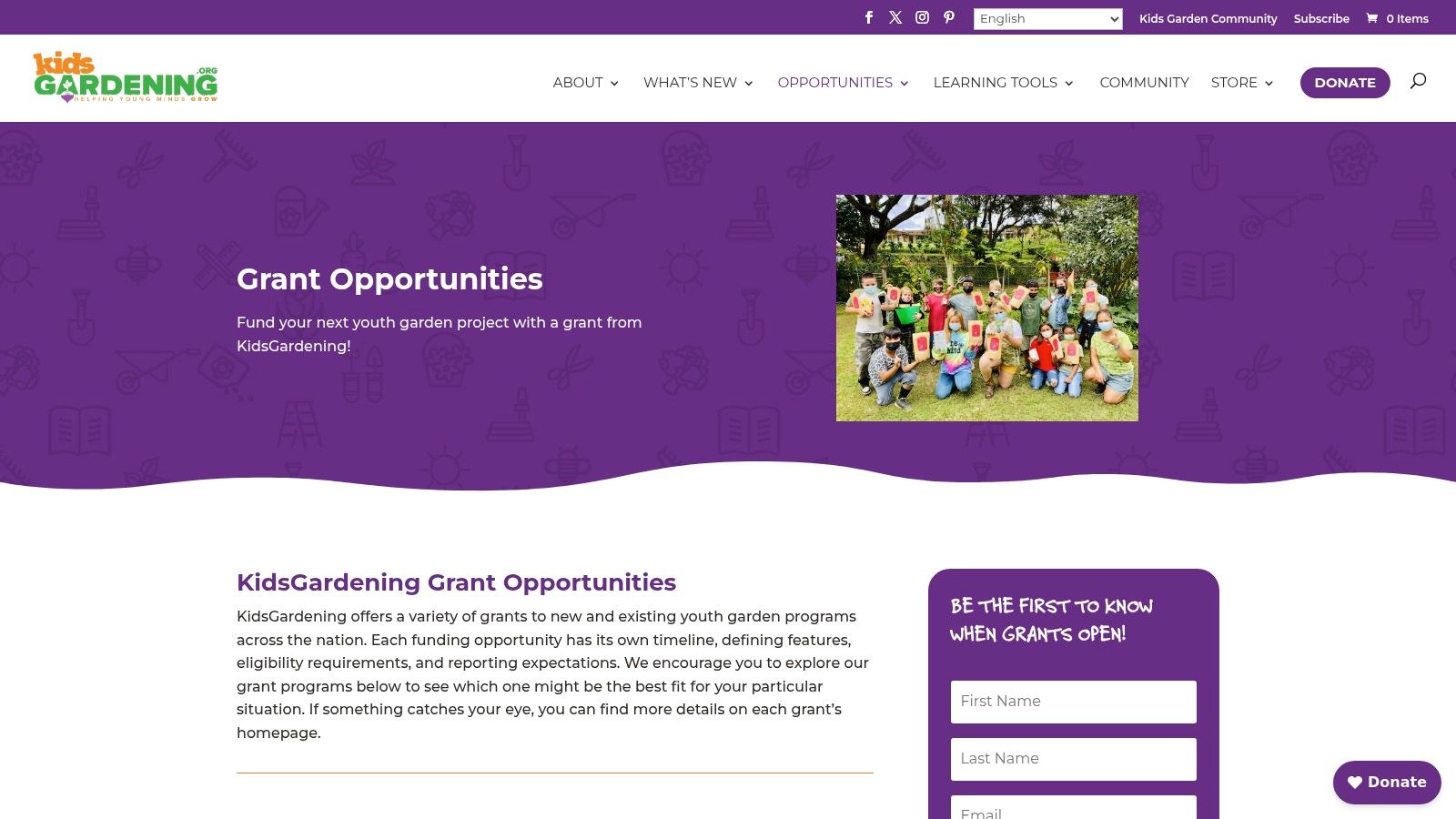 A screenshot of the KidsGardening website's grant opportunities page, showing various available grants for youth gardens.