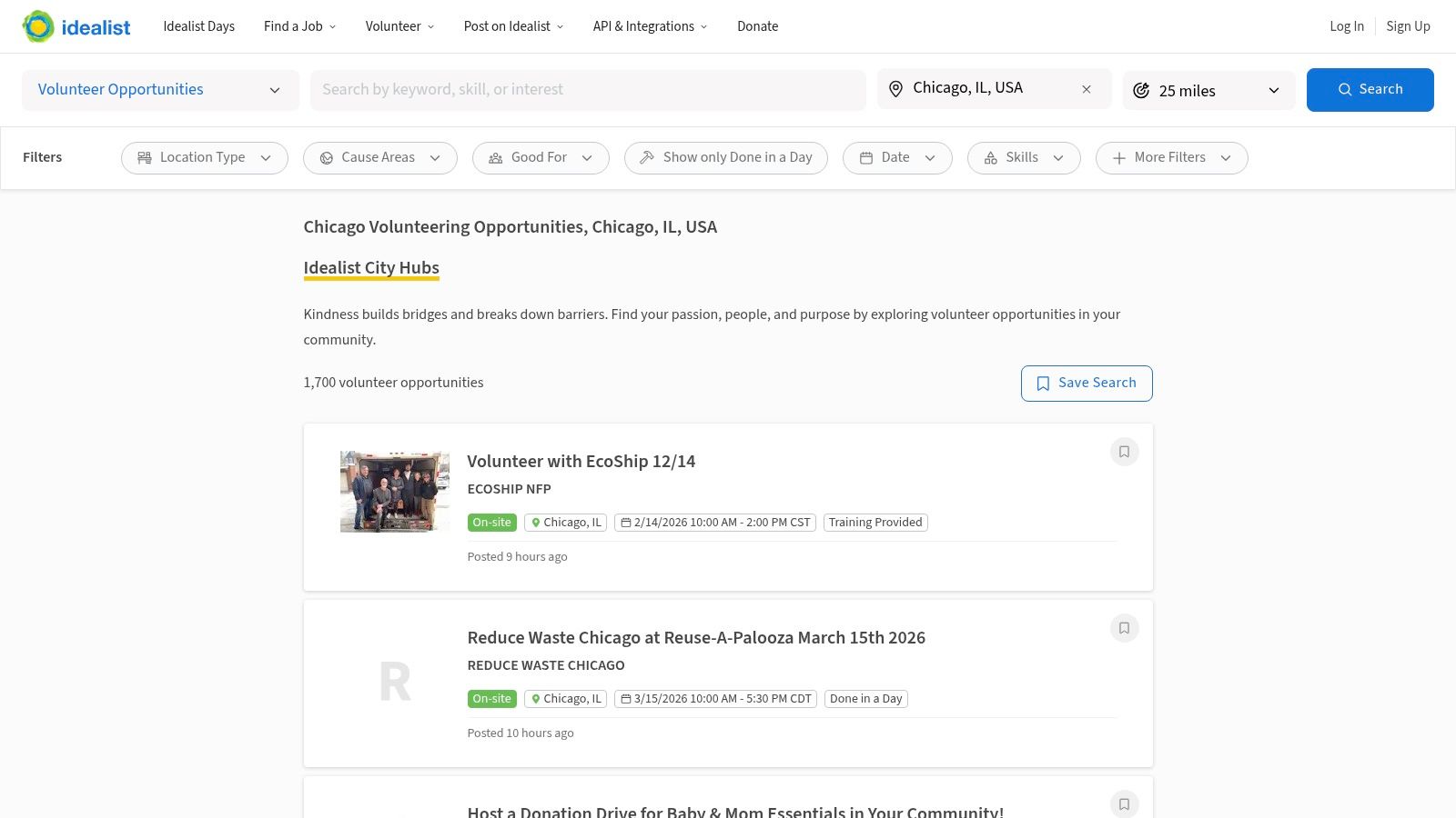 A screenshot of the Idealist website showing a search for volunteer opportunities in Chicago.