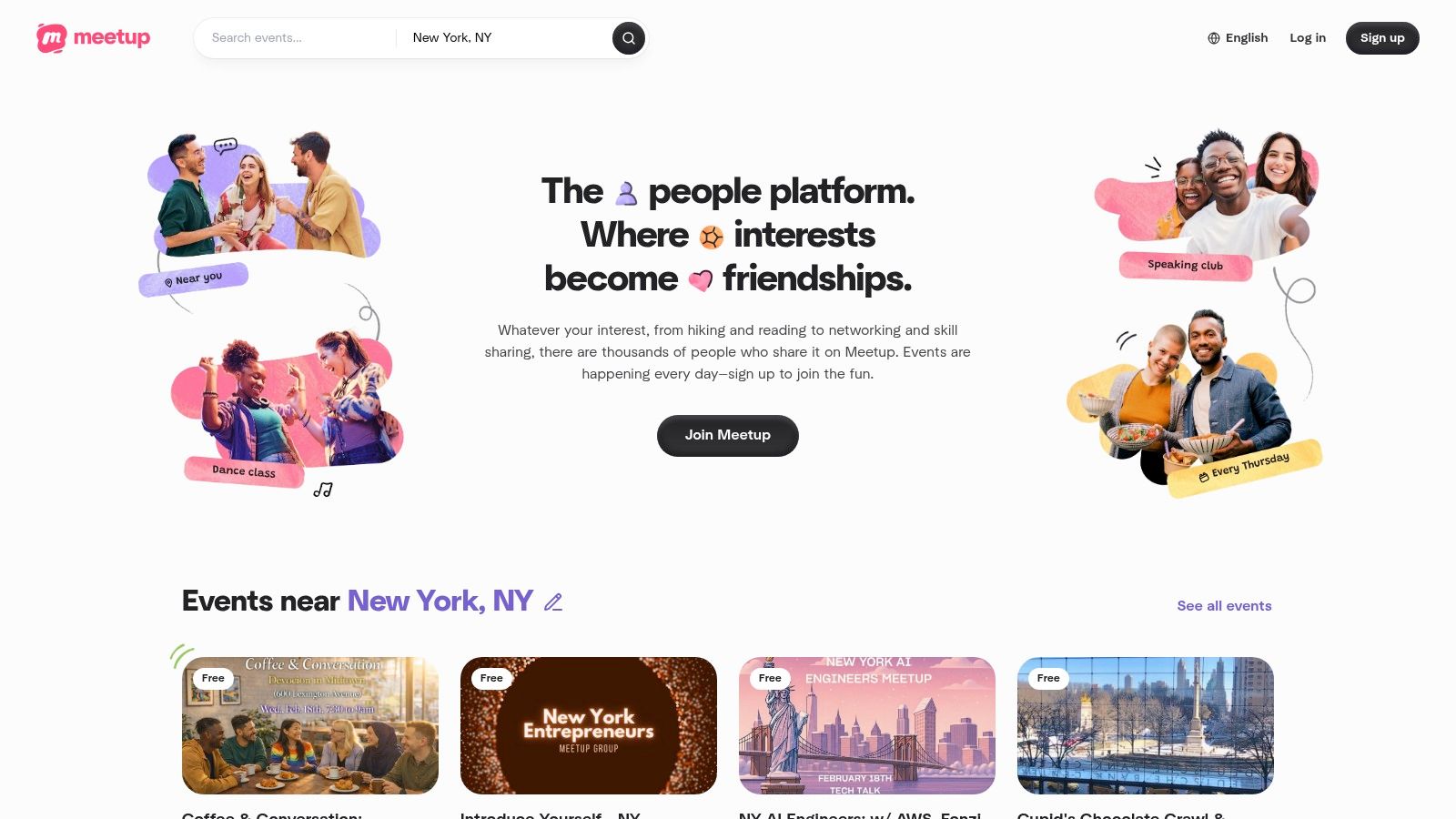 A screenshot of the Meetup homepage showing various groups and events, highlighting its community-focused interface.