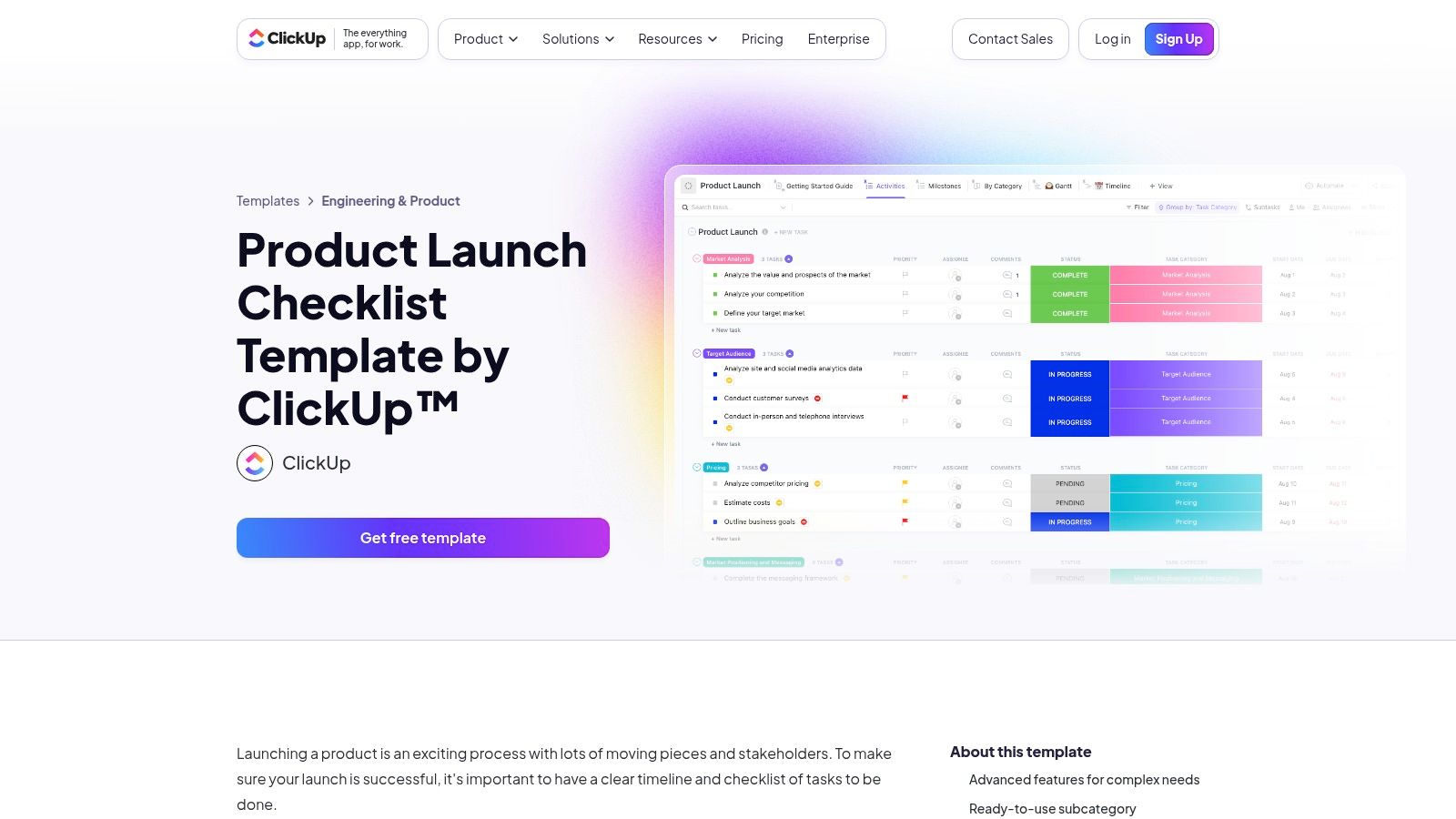 A screenshot of the ClickUp interface showing a product launch checklist template organized by tasks, assignees, and due dates within a list view.