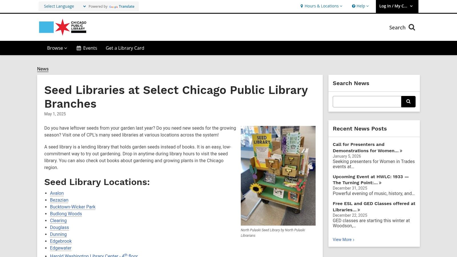 Chicago Public Library – Seed Libraries (multiple branches)