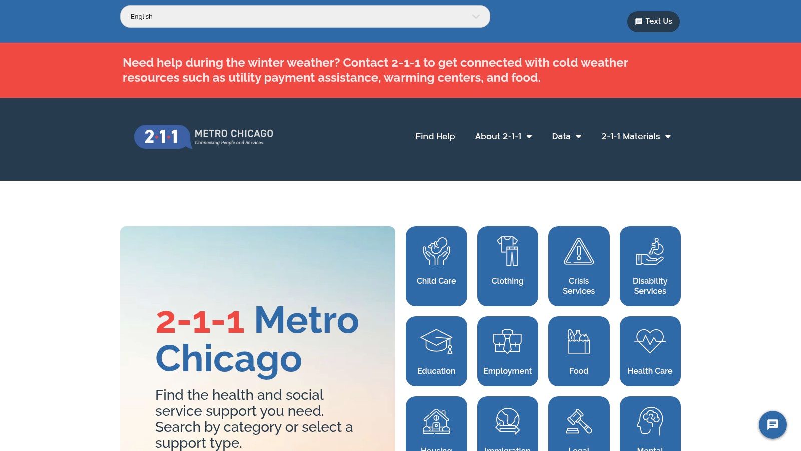 A screenshot of the 211 Metro Chicago website showing the search function for finding local social services.