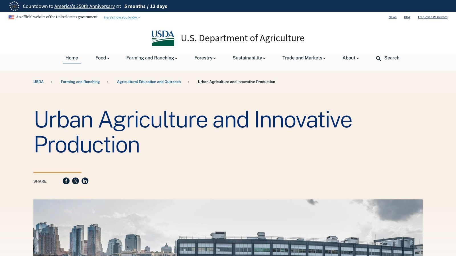 A screenshot of the USDA Office of Urban Agriculture & Innovative Production website homepage.