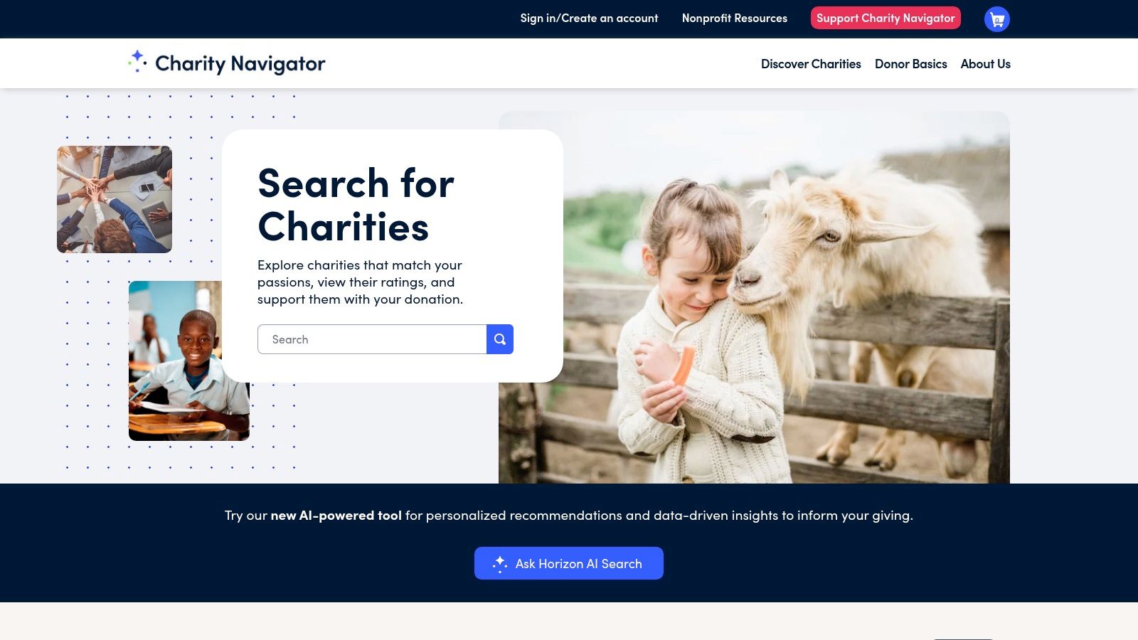A screenshot of the Charity Navigator website showing the search bar where users can find charities in Chicago.