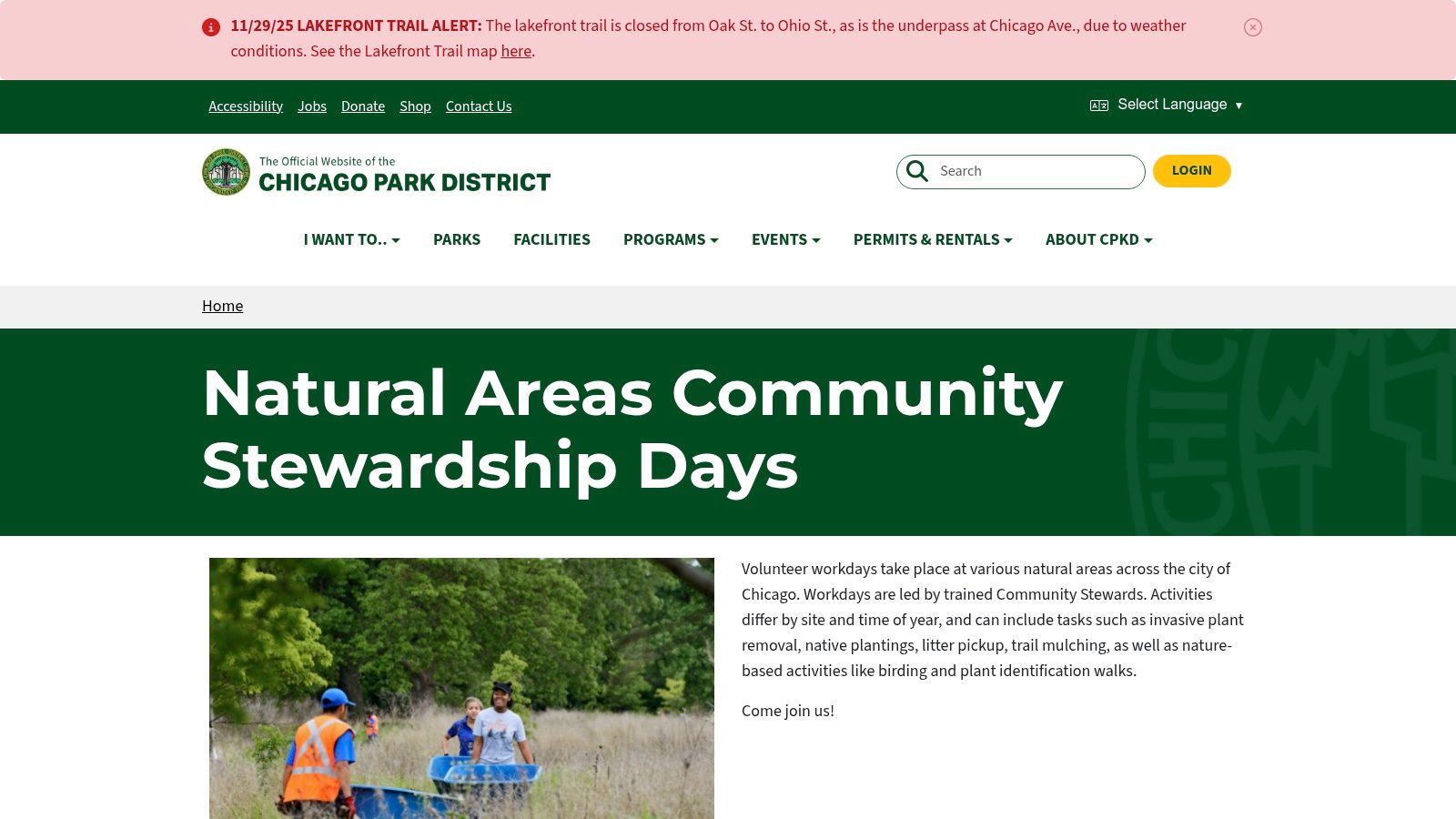 A screenshot of the Chicago Park District's Community Stewardship Days webpage, showing a calendar of events and information for volunteers.