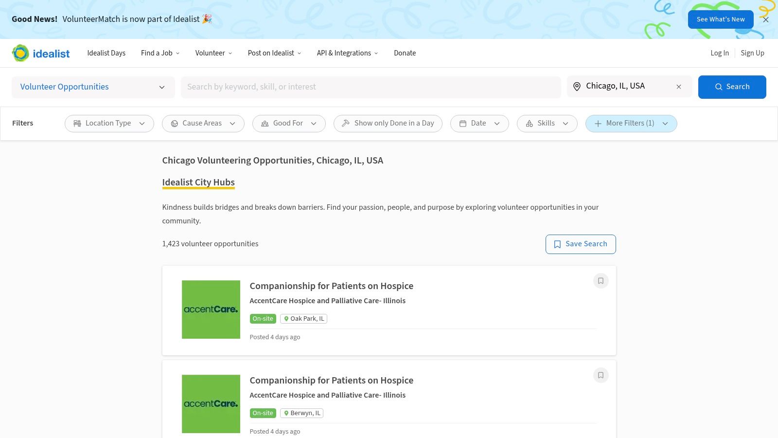 Idealist (includes VolunteerMatch listings)
