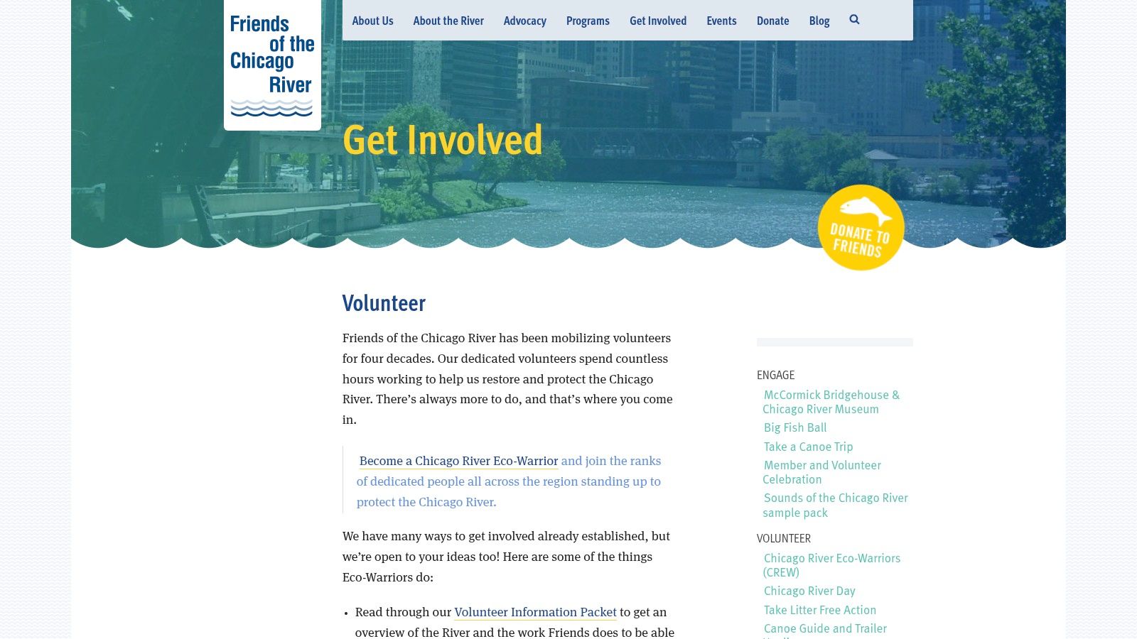 A screenshot of the Friends of the Chicago River volunteer page, showing clear calls to action and images of volunteers at work.