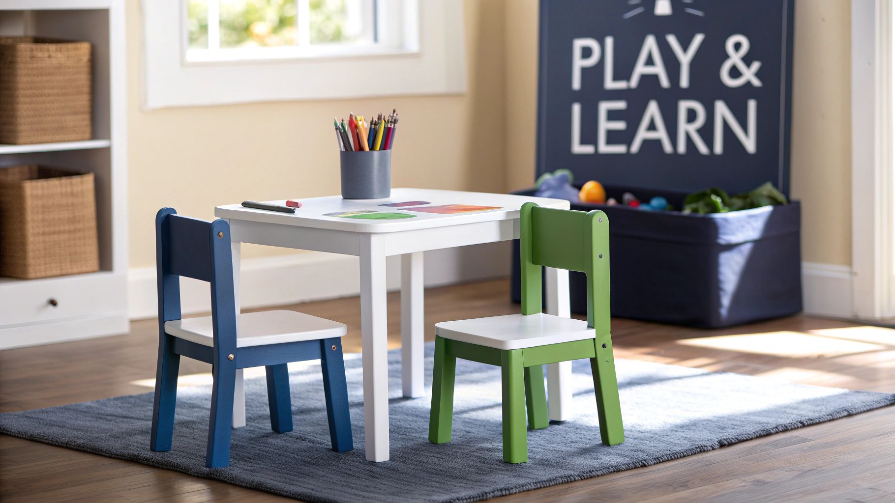 A white kids' table with a blue and a green chair, pencils, and art supplies in a bright playroom.