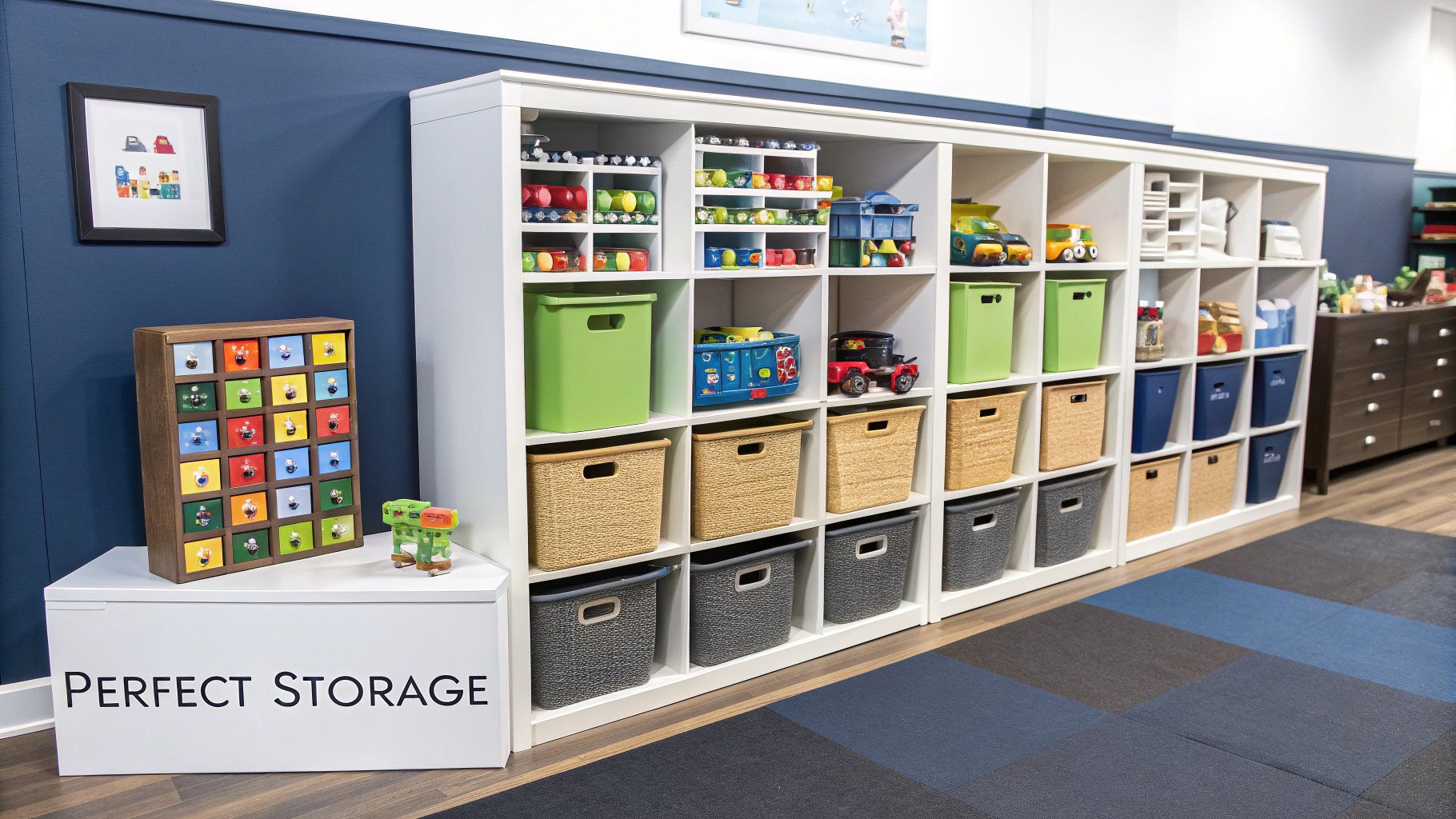 A modern playroom with various toys organizer storage solutions like cubbies, bins, and wall shelves.