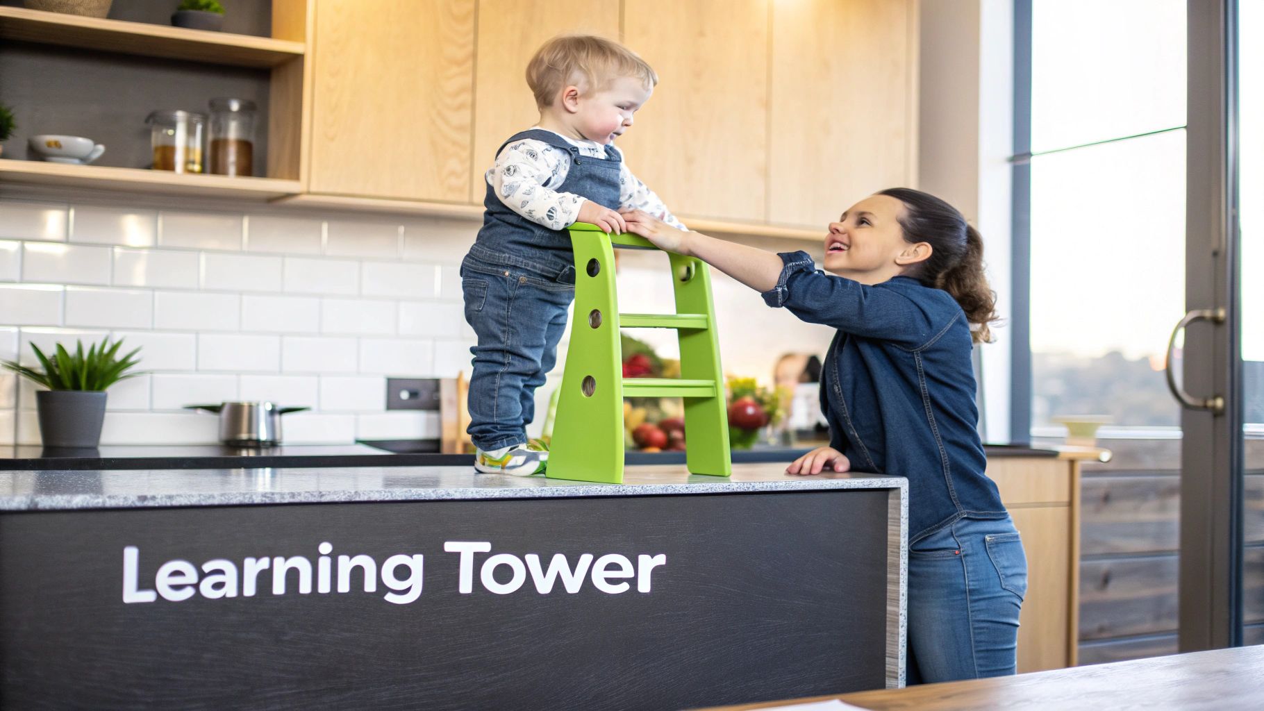 A happy toddler stands on a green learning tower in a modern kitchen, supported by a smiling woman.
